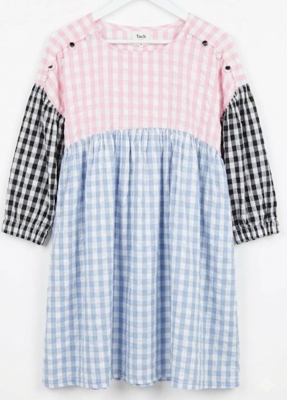 Tach womens small shift dress pink blue gingham plaid cotton swing relaxed fit
